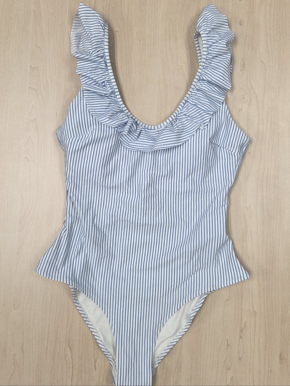 H&M Blue and White Striped One-Piece Swimsuit with Ruffle